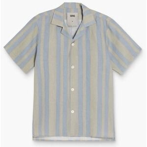 OAS Mist Strata Cuba Shirt Mens Small Green Blue Striped 100% Linen Camp Beach